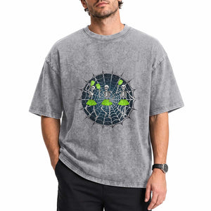 Funny Dancing Skeletons Washed Cotton T-Shirt Pickleball Halloween Gift