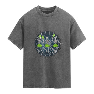 Funny Dancing Skeletons Washed Cotton T-Shirt Pickleball Halloween Gift