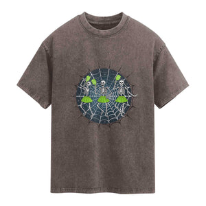 Funny Dancing Skeletons Washed Cotton T-Shirt Pickleball Halloween Gift