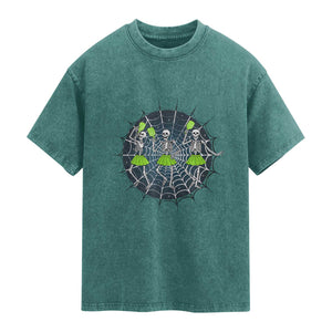 Funny Dancing Skeletons Washed Cotton T-Shirt Pickleball Halloween Gift