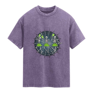 Funny Dancing Skeletons Washed Cotton T-Shirt Pickleball Halloween Gift