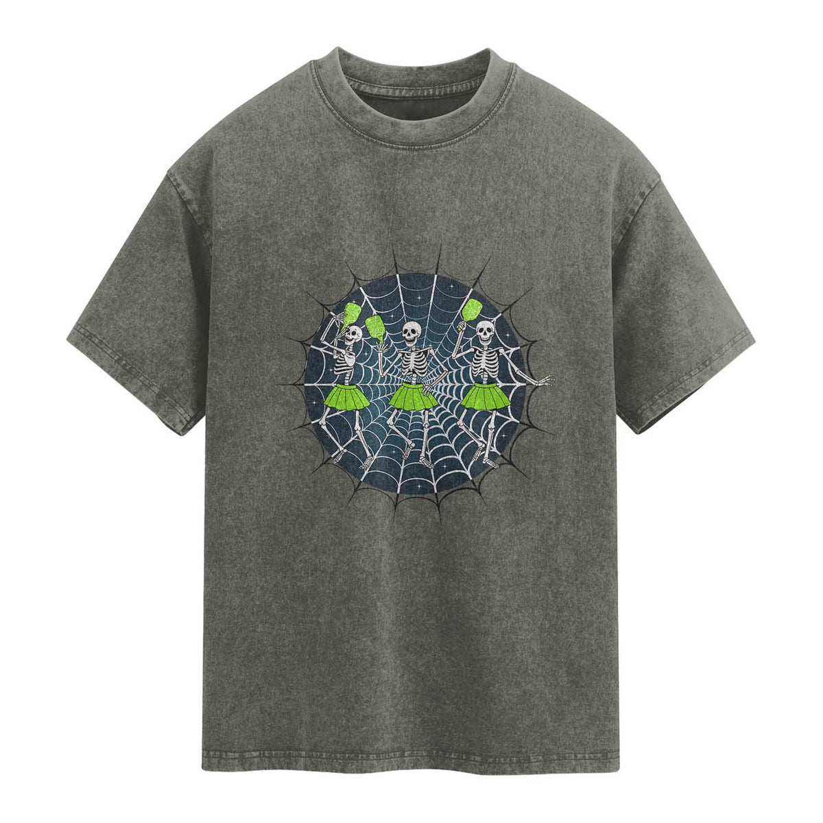 Funny Dancing Skeletons Washed Cotton T-Shirt Pickleball Halloween Gift
