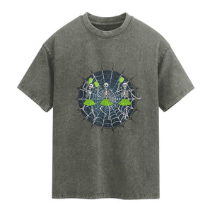 Funny Dancing Skeletons Washed Cotton T-Shirt Pickleball Halloween Gift