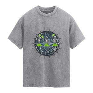 Funny Dancing Skeletons Washed Cotton T-Shirt Pickleball Halloween Gift