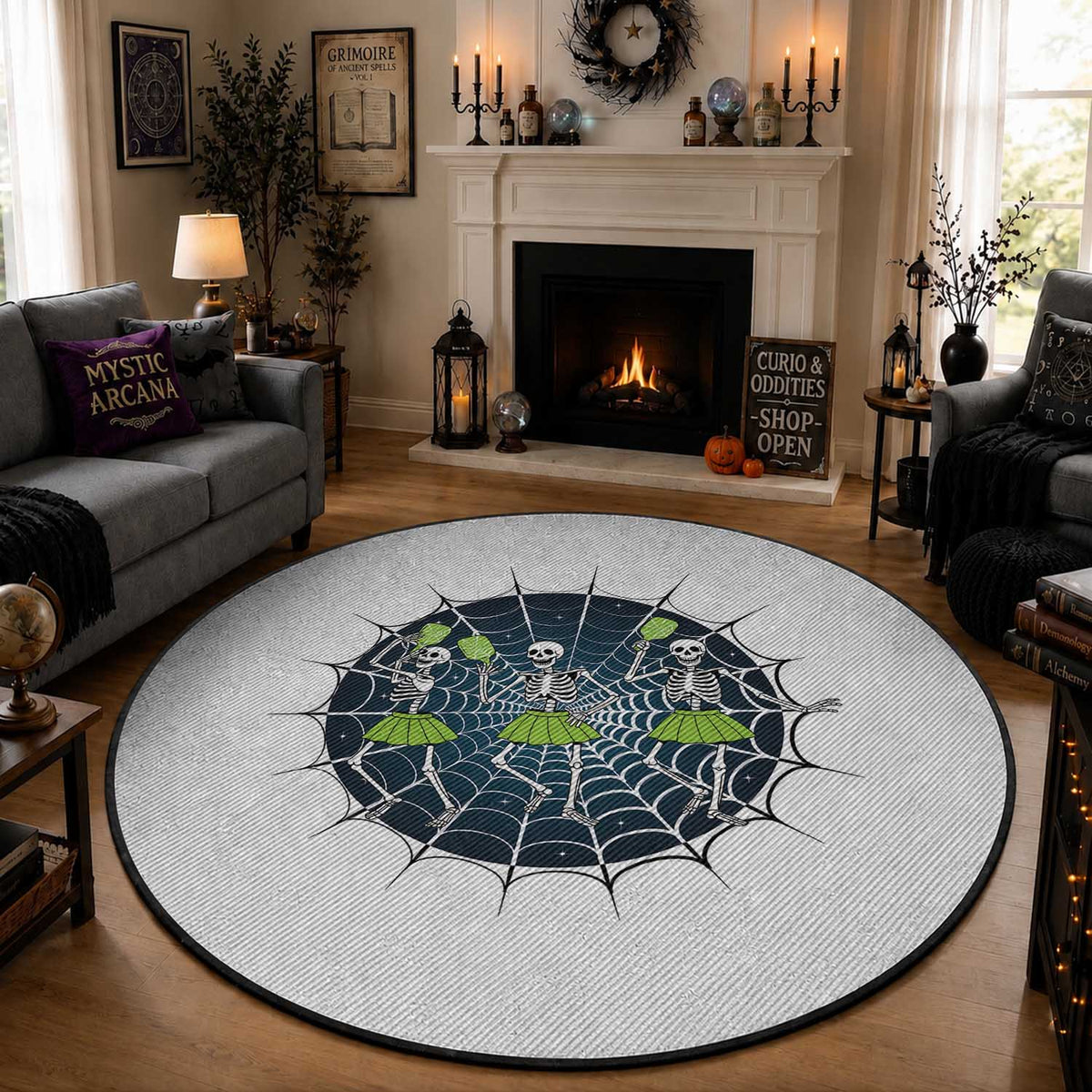 Funny Dancing Skeletons Round Rug Pickleball Halloween Gift