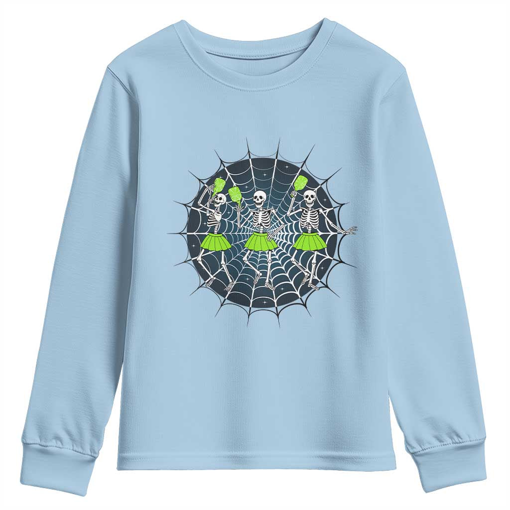 Funny Dancing Skeletons Youth Sweatshirt Pickleball Halloween Gift TS12 Light Blue Print Your Wear