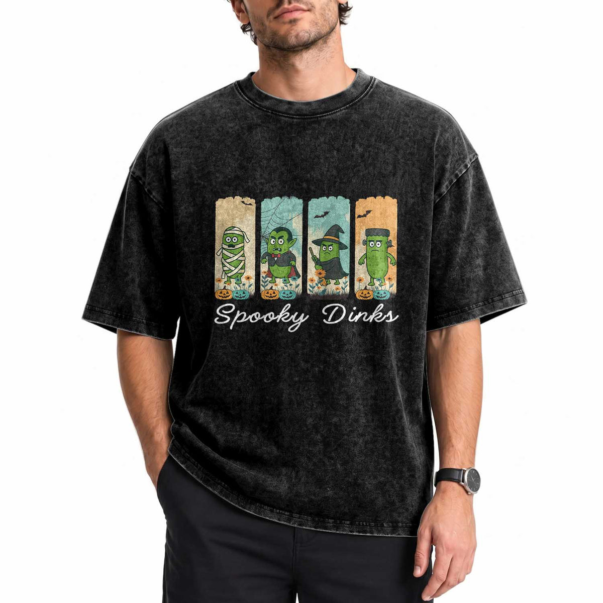 Funny Halloween Pickleball Washed Cotton T-Shirt Spooky Dinks Gift For Players