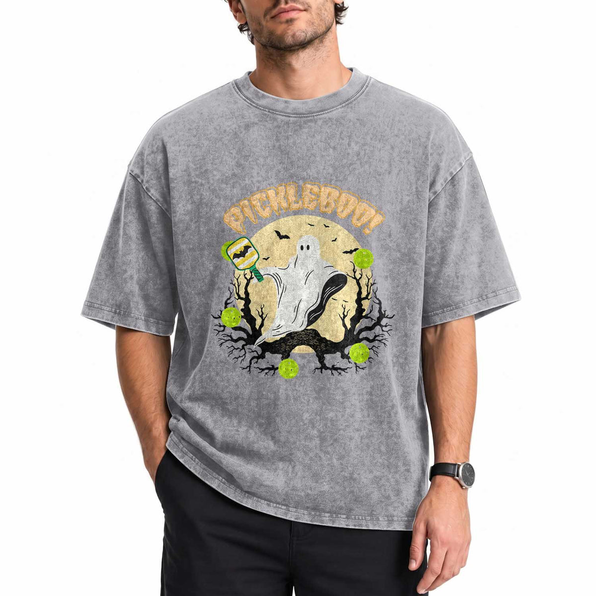 Funny Halloween Pickleball Washed Cotton T-Shirt Pickleboo Ghost Costume