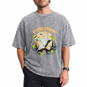 Funny Halloween Pickleball Washed Cotton T-Shirt Pickleboo Ghost Costume