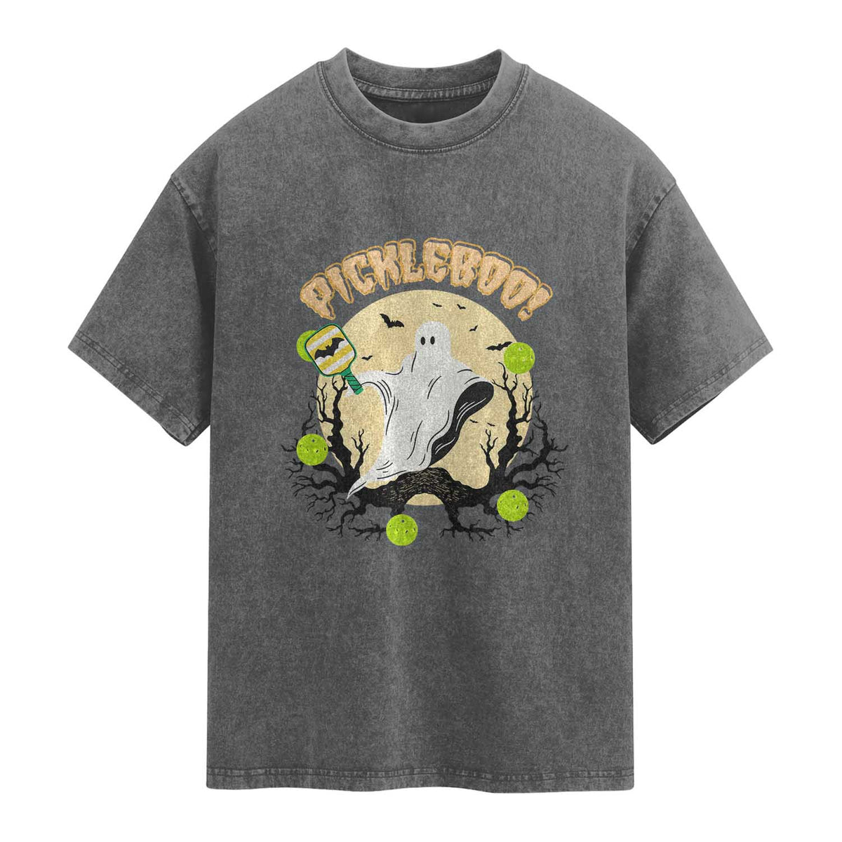 Funny Halloween Pickleball Washed Cotton T-Shirt Pickleboo Ghost Costume