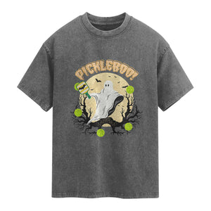 Funny Halloween Pickleball Washed Cotton T-Shirt Pickleboo Ghost Costume