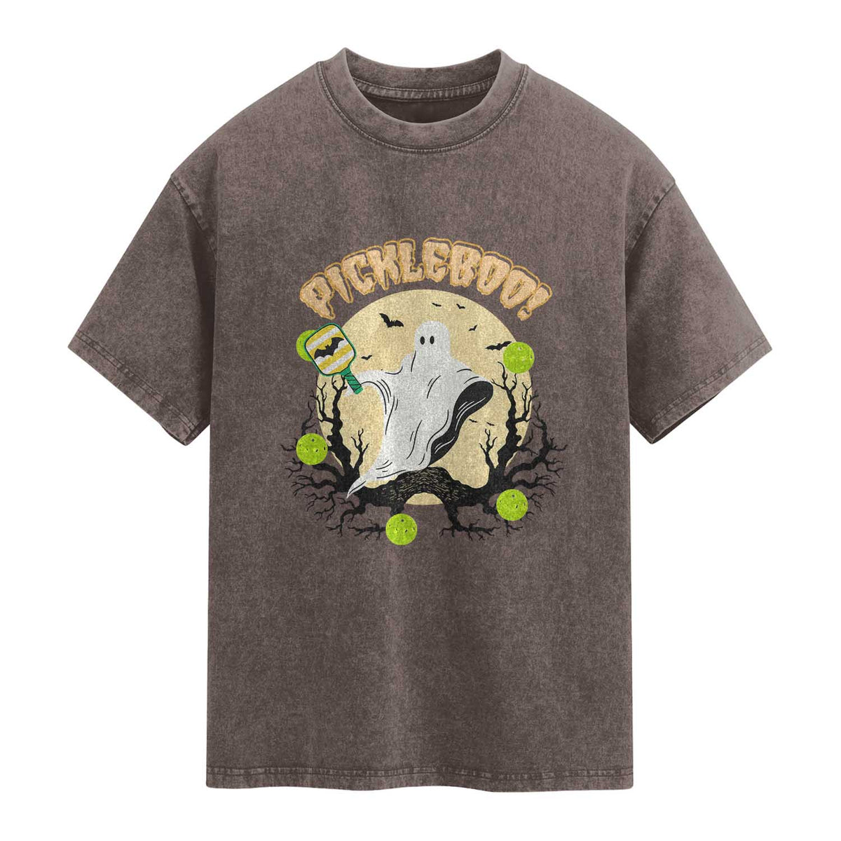 Funny Halloween Pickleball Washed Cotton T-Shirt Pickleboo Ghost Costume