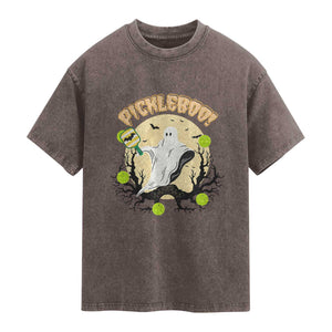 Funny Halloween Pickleball Washed Cotton T-Shirt Pickleboo Ghost Costume