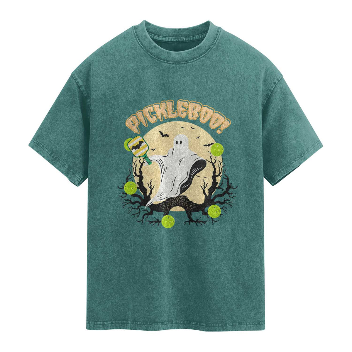 Funny Halloween Pickleball Washed Cotton T-Shirt Pickleboo Ghost Costume