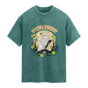 Funny Halloween Pickleball Washed Cotton T-Shirt Pickleboo Ghost Costume
