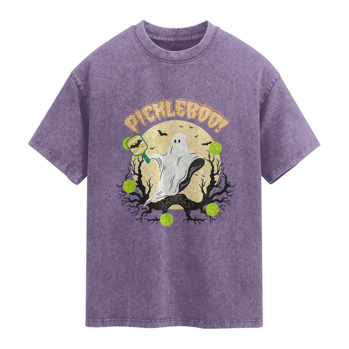 Funny Halloween Pickleball Washed Cotton T-Shirt Pickleboo Ghost Costume