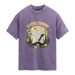 Funny Halloween Pickleball Washed Cotton T-Shirt Pickleboo Ghost Costume