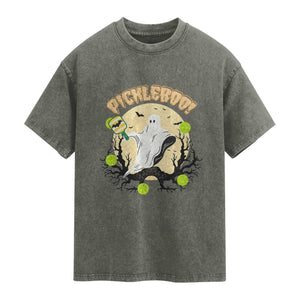 Funny Halloween Pickleball Washed Cotton T-Shirt Pickleboo Ghost Costume