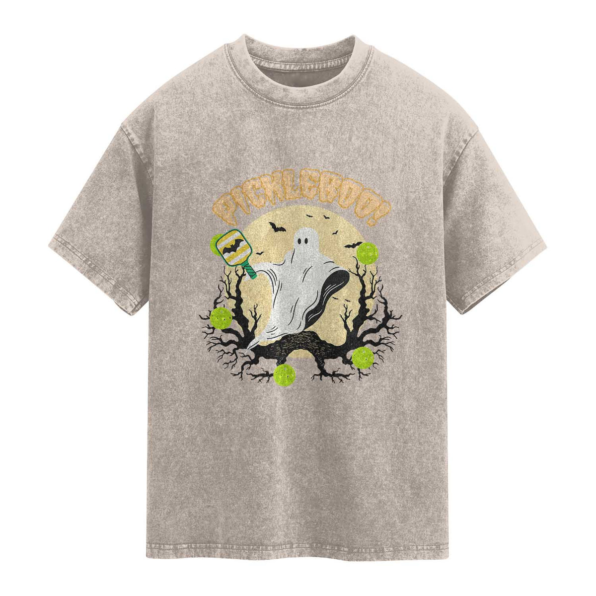 Funny Halloween Pickleball Washed Cotton T-Shirt Pickleboo Ghost Costume