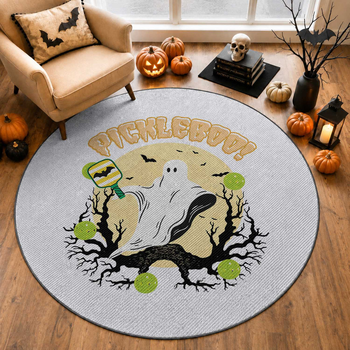 Funny Halloween Pickleball Round Rug Pickleboo Ghost Costume