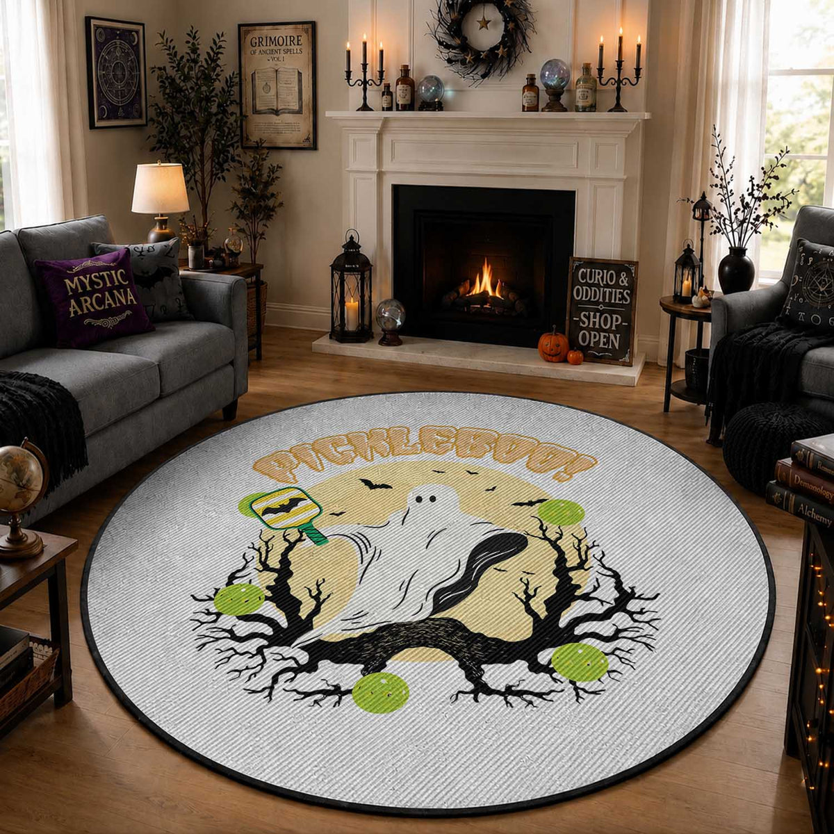 Funny Halloween Pickleball Round Rug Pickleboo Ghost Costume