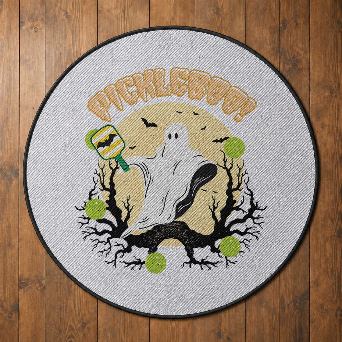 Funny Halloween Pickleball Round Rug Pickleboo Ghost Costume