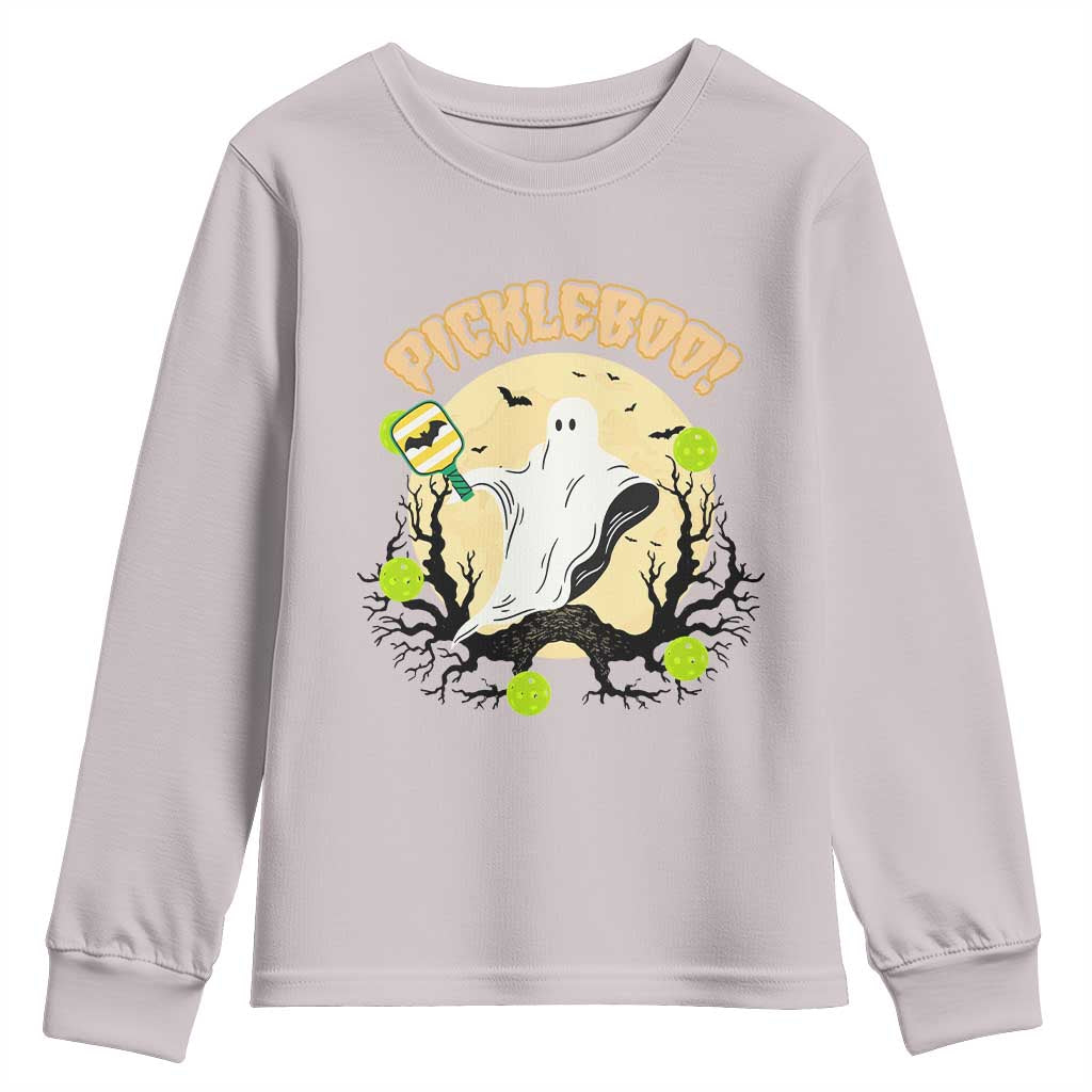 Funny Halloween Pickleball Youth Sweatshirt Pickleboo Ghost Costume TS12 Ice Gray Print Your Wear