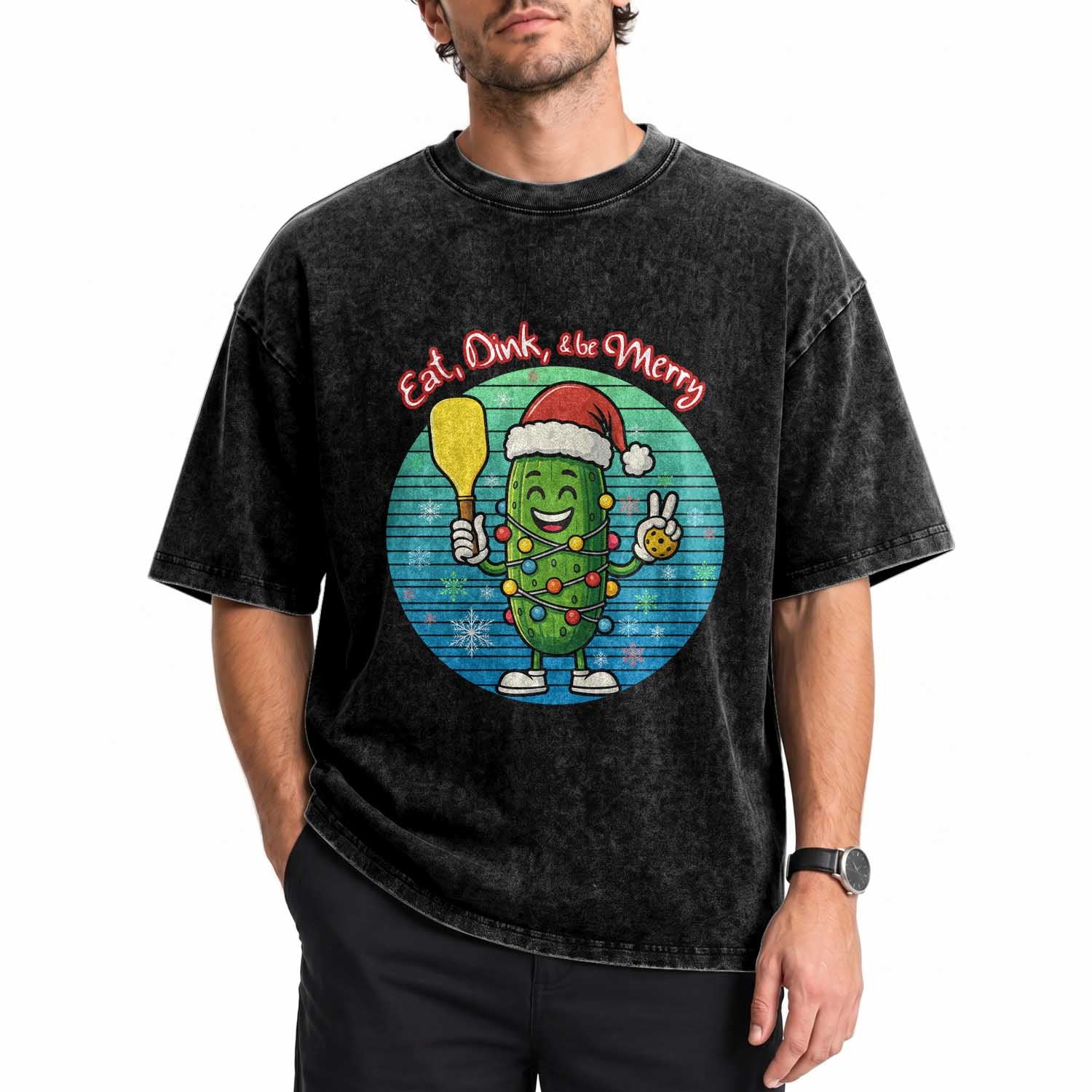 Funny Pickleball Christmas Washed Cotton T-Shirt Eat Dink And Be Merry Gift For Players