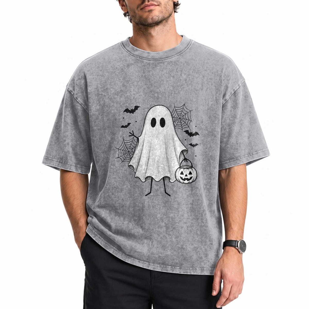 Stickman Ghost Funny Spooky Halloween Gift Washed Cotton T-Shirt