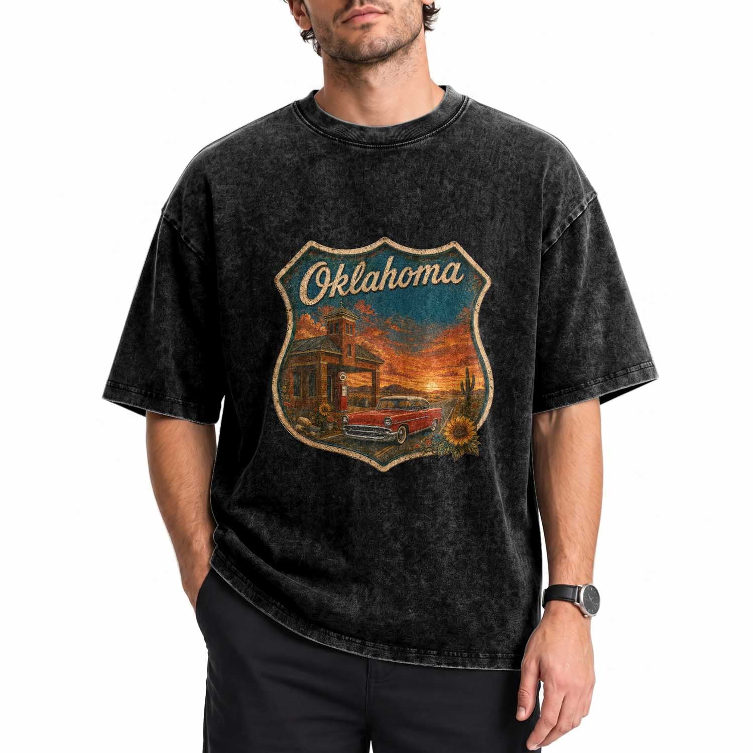 Vintage Oklahoma Route Highway 66 Gas Station Washed Cotton T-Shirt Mother Road Travel Gift