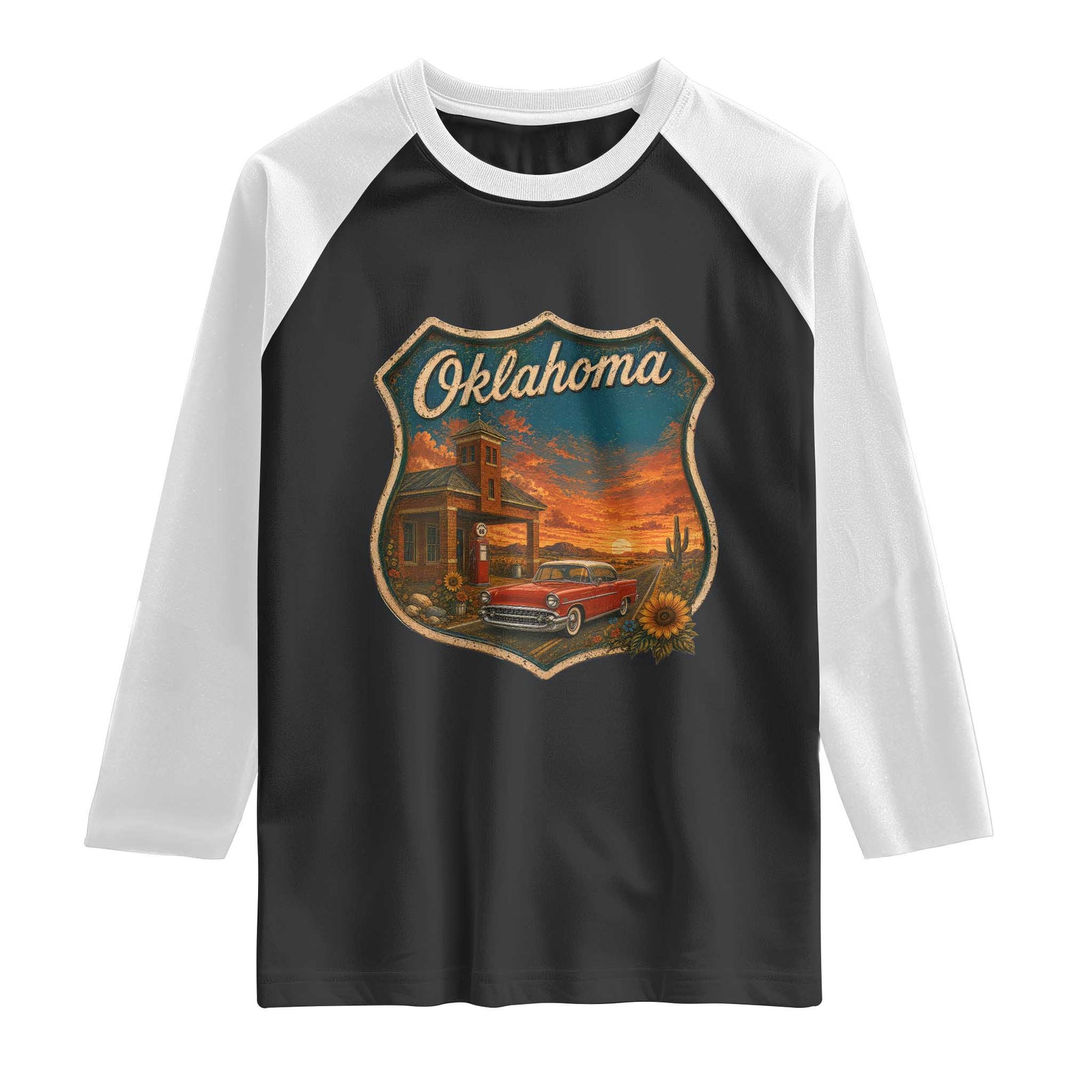 Vintage Oklahoma Route Highway 66 Gas Station Raglan Shirt Mother Road Travel Gift