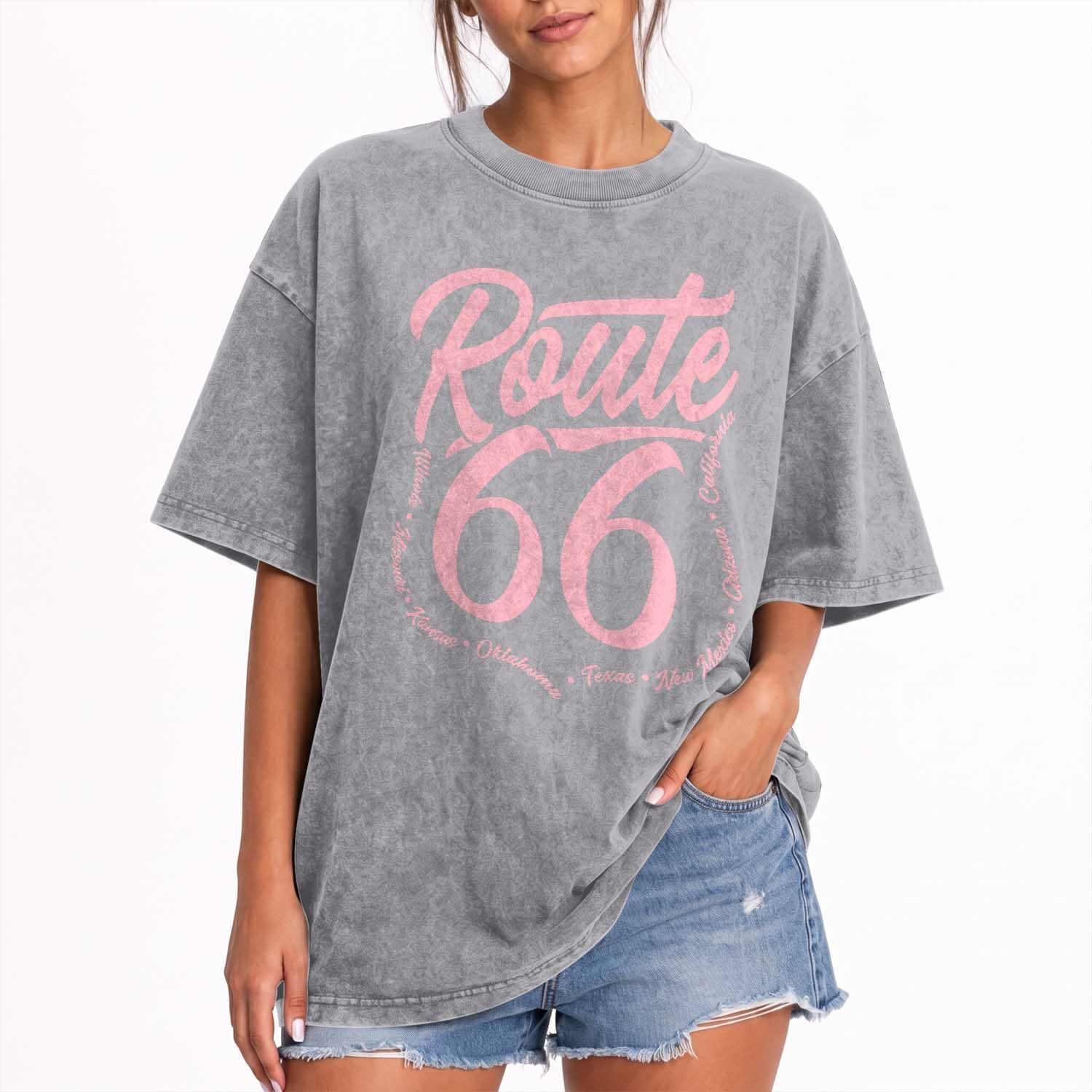 Pink Route Highway 66 Road Trip Washed Cotton T-Shirt Mother Road All States Travel Gift