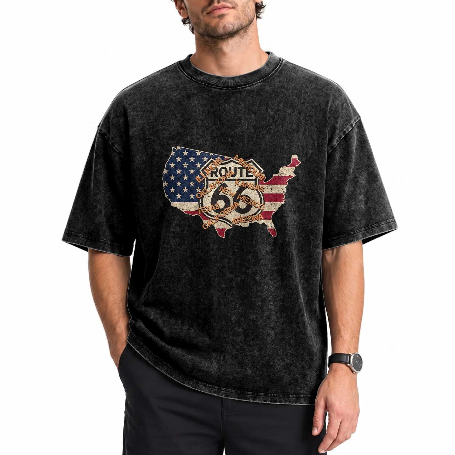 Vintage Route 66 US Flag Map Washed Cotton T-Shirt All States Highway Road Trip Travel
