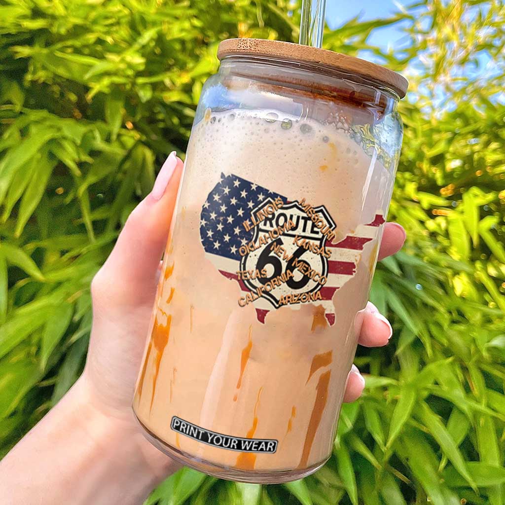 Vintage Route 66 US Flag Map Glass Can All States Highway Road Trip Travel