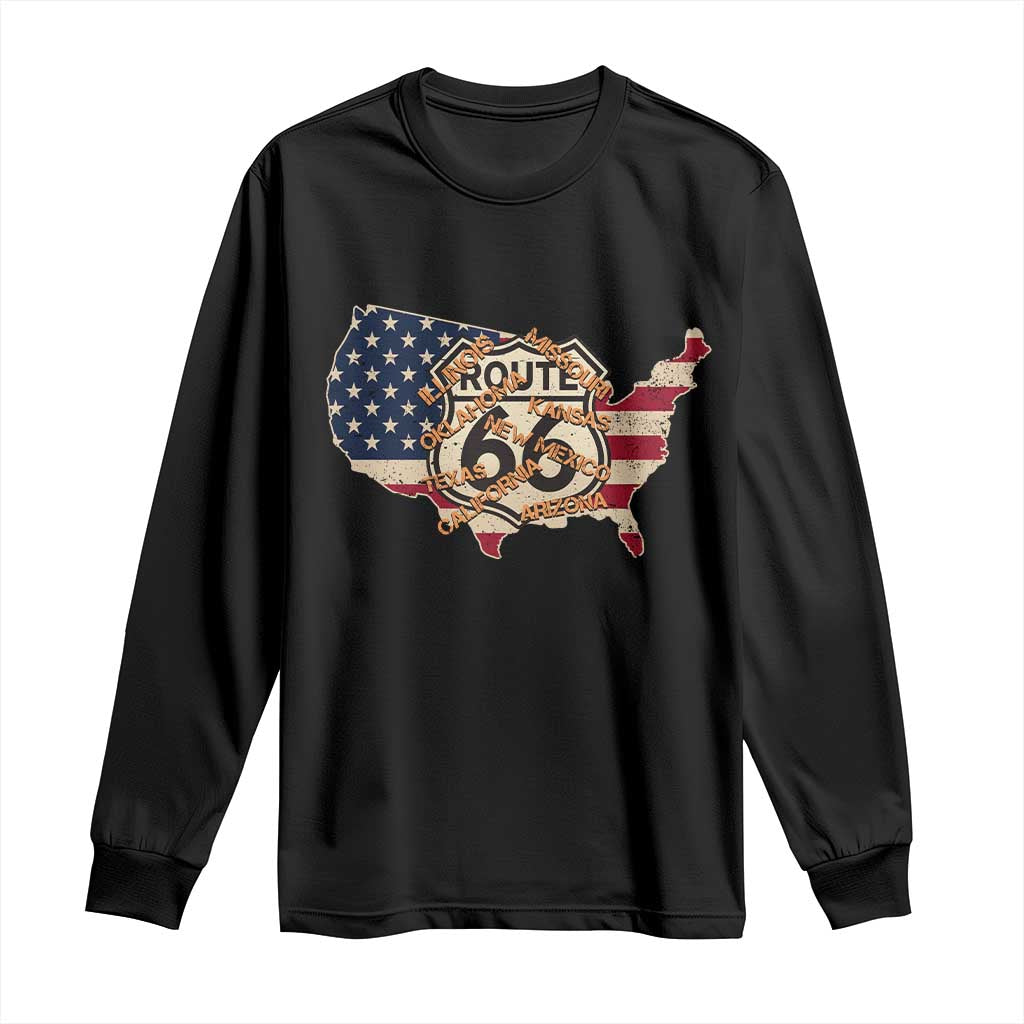 Vintage Route 66 US Flag Map Long Sleeve Shirt All States Highway Road Trip Travel