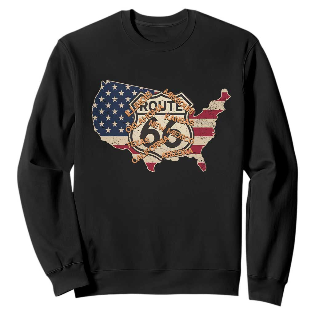 Vintage Route 66 US Flag Map Sweatshirt All States Highway Road Trip Travel