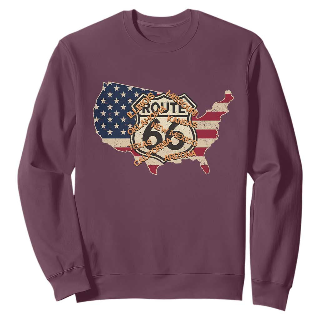 Vintage Route 66 US Flag Map Sweatshirt All States Highway Road Trip Travel