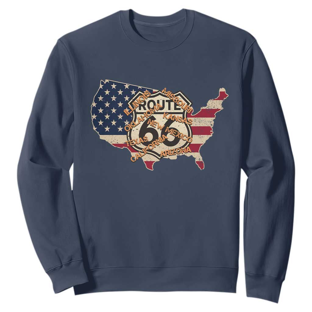 Vintage Route 66 US Flag Map Sweatshirt All States Highway Road Trip Travel