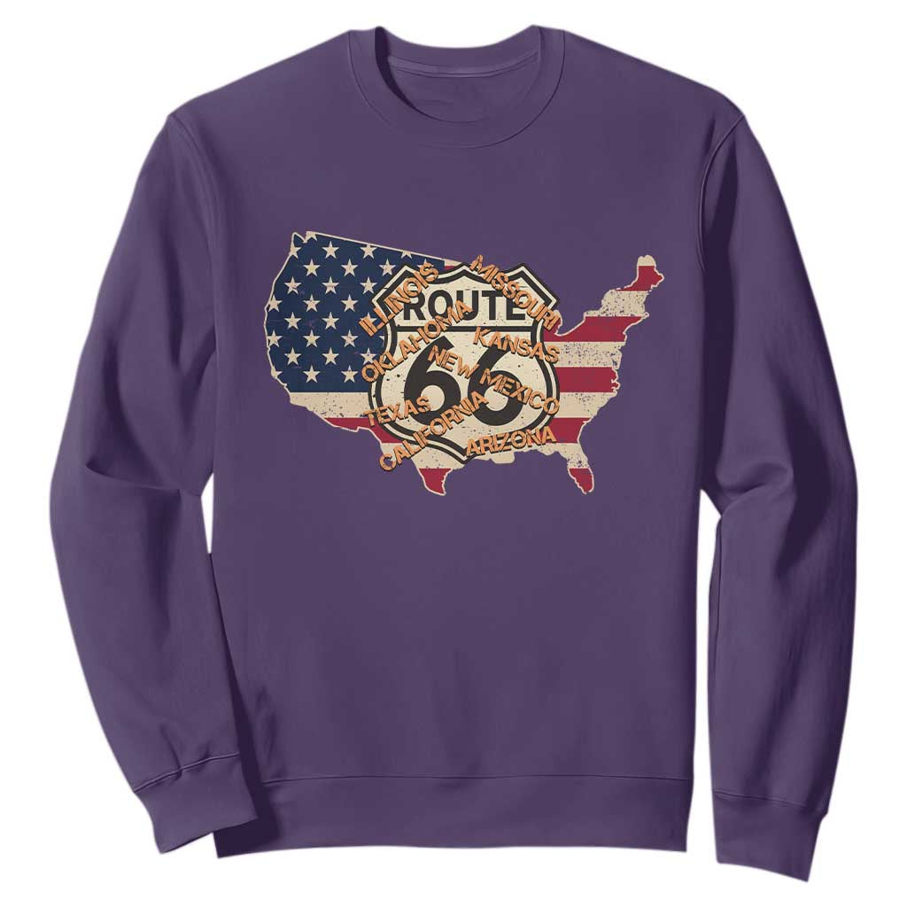 Vintage Route 66 US Flag Map Sweatshirt All States Highway Road Trip Travel