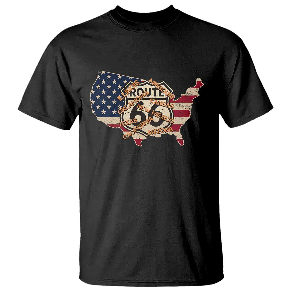 Vintage Route 66 US Flag Map T Shirt All States Highway Road Trip Travel