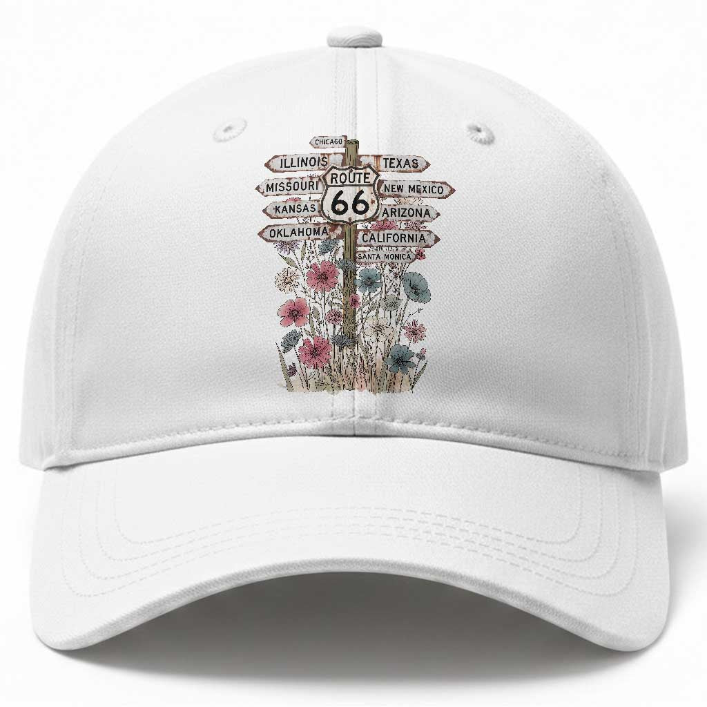 Route Highway 66 Wildflower Road Sign Baseball Cap 8 States Retro Road Trip Travel