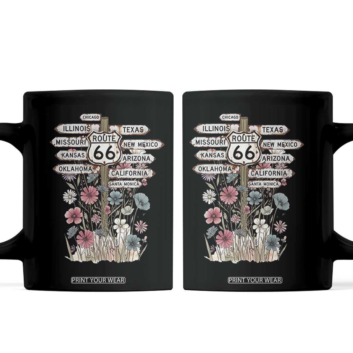 Route Highway 66 Wildflower Road Sign Coffee Mug 8 States Retro Road Trip Travel