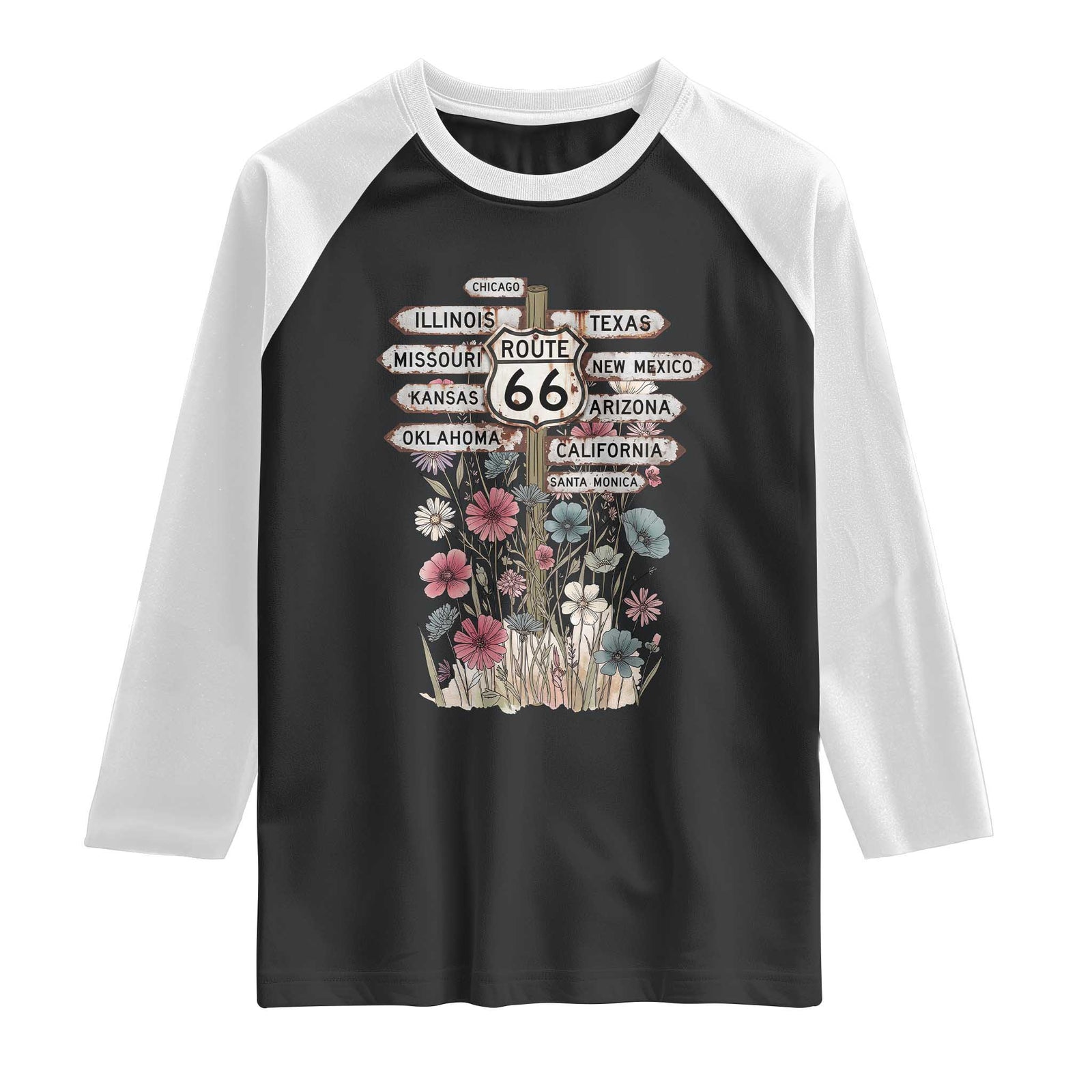 Route Highway 66 Wildflower Road Sign Raglan Shirt 8 States Retro Road Trip Travel