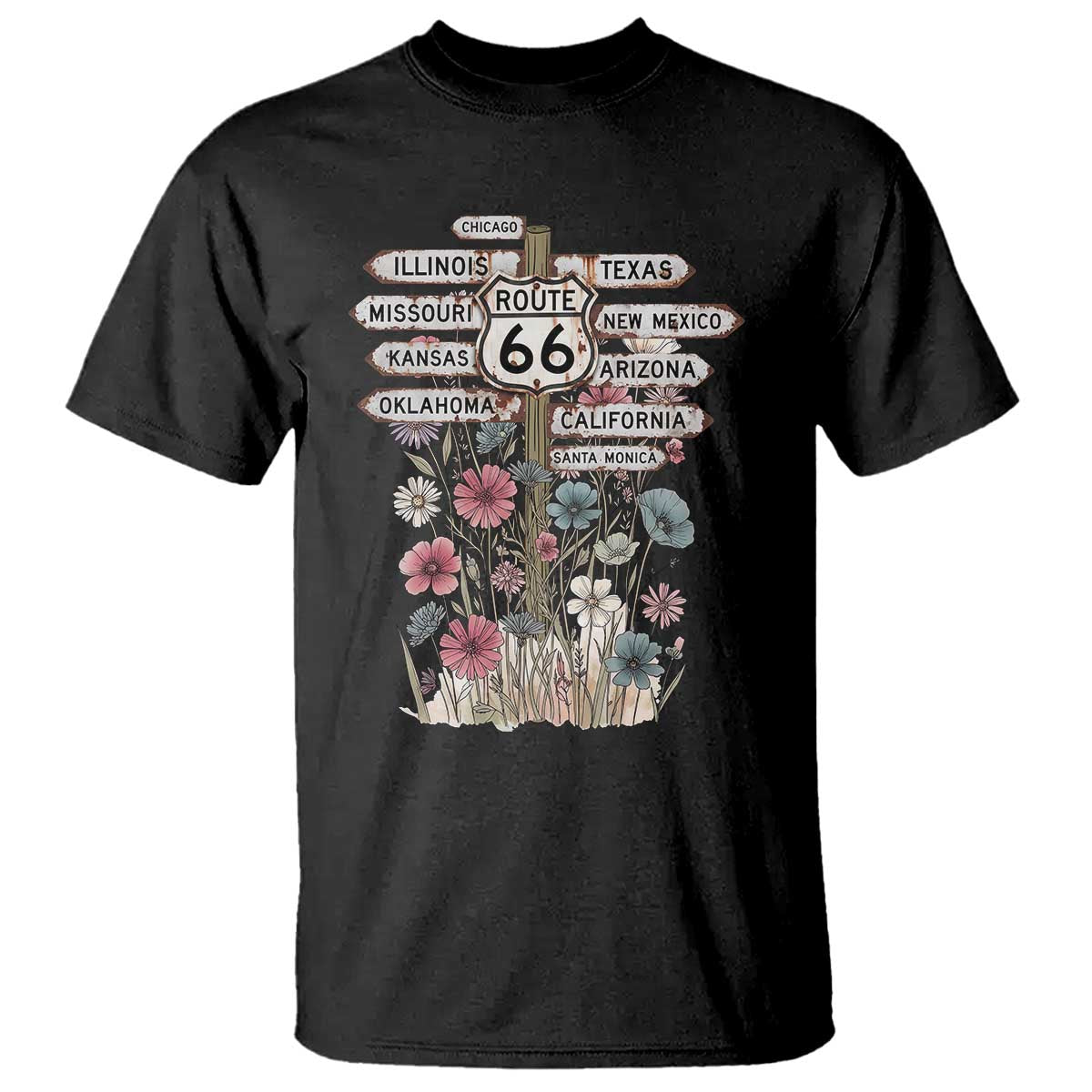 Route Highway 66 Wildflower Road Sign T Shirt 8 States Retro Road Trip Travel
