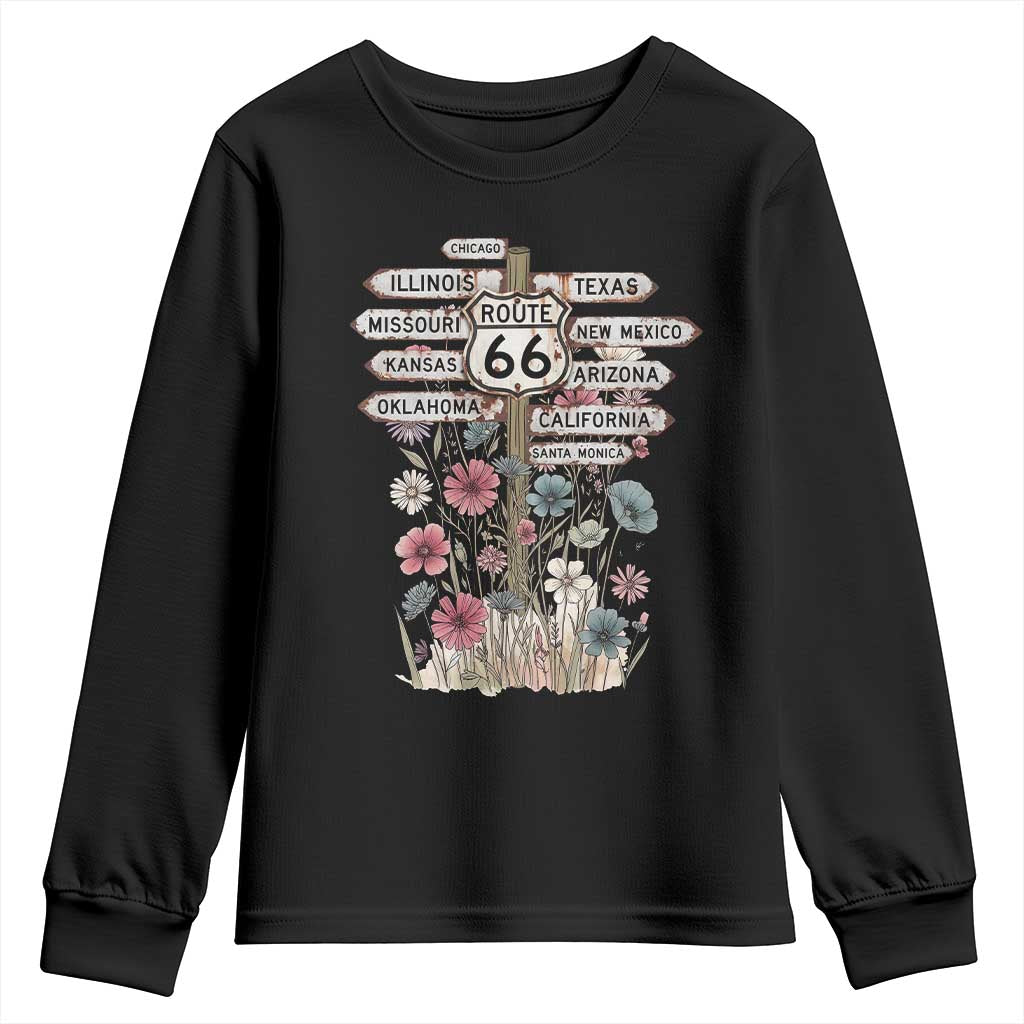 Route Highway 66 Wildflower Road Sign Youth Sweatshirt 8 States Retro Road Trip Travel