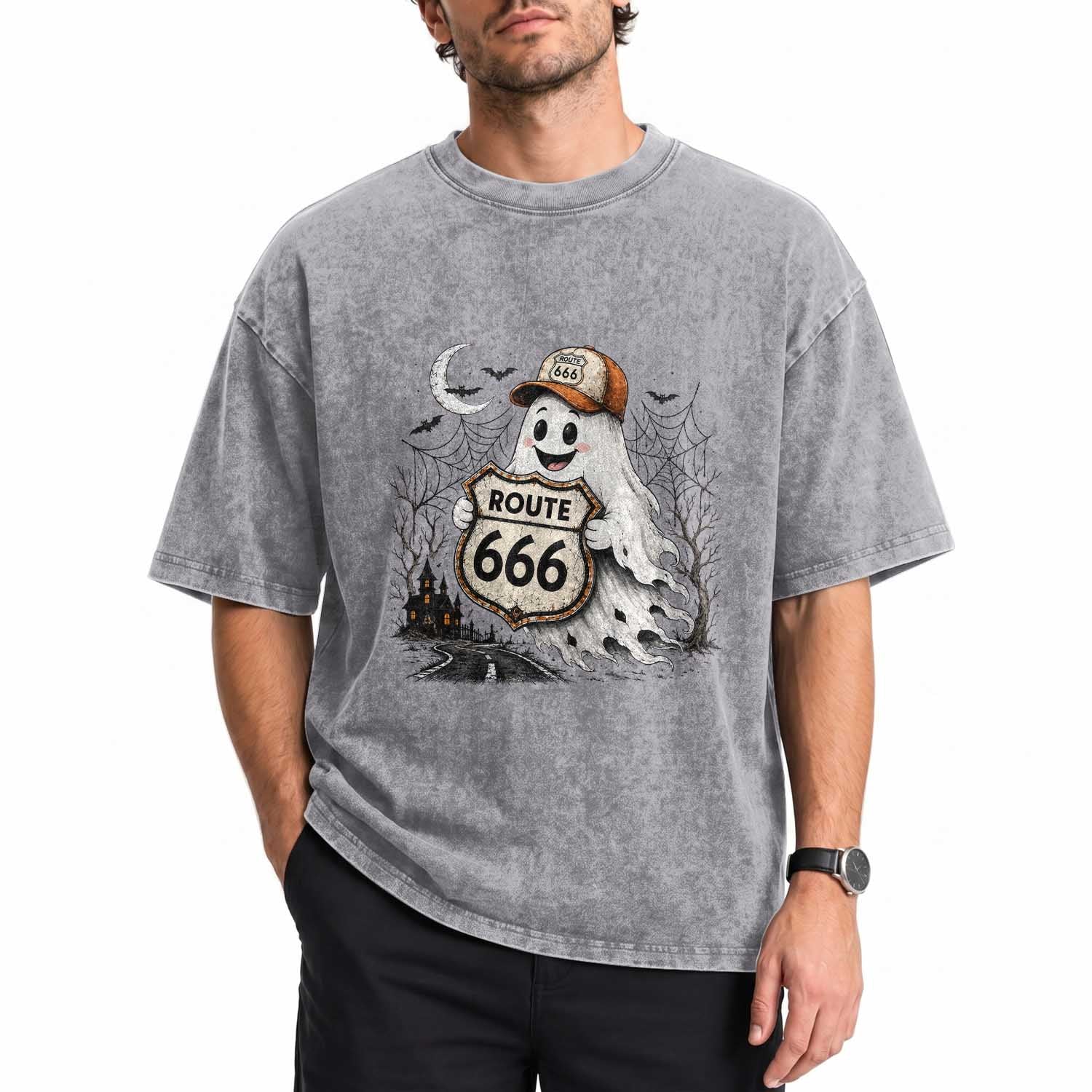 Haunted Route Highway 666 Halloween Road Trip Washed Cotton T-Shirt Spooky Travel Gift