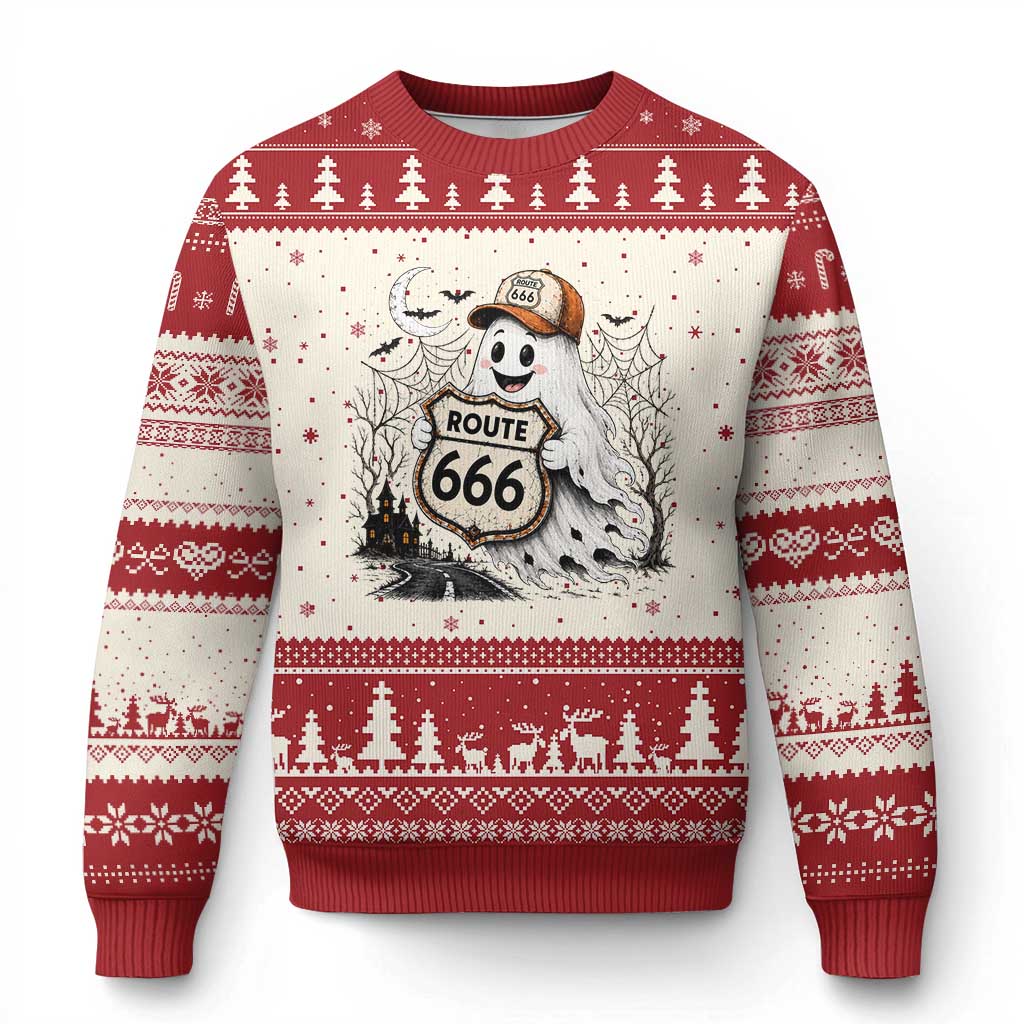 Haunted Route Highway 666 Halloween Road Trip Ugly Christmas Sweater Spooky Travel Gift