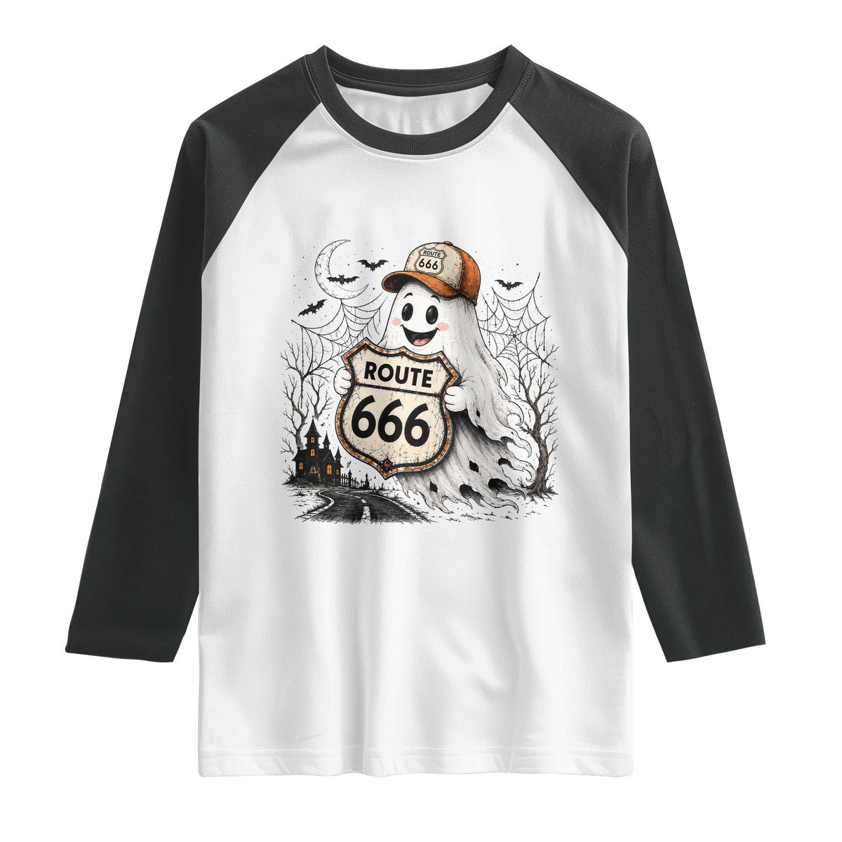 Haunted Route Highway 666 Halloween Road Trip Raglan Shirt Spooky Travel Gift