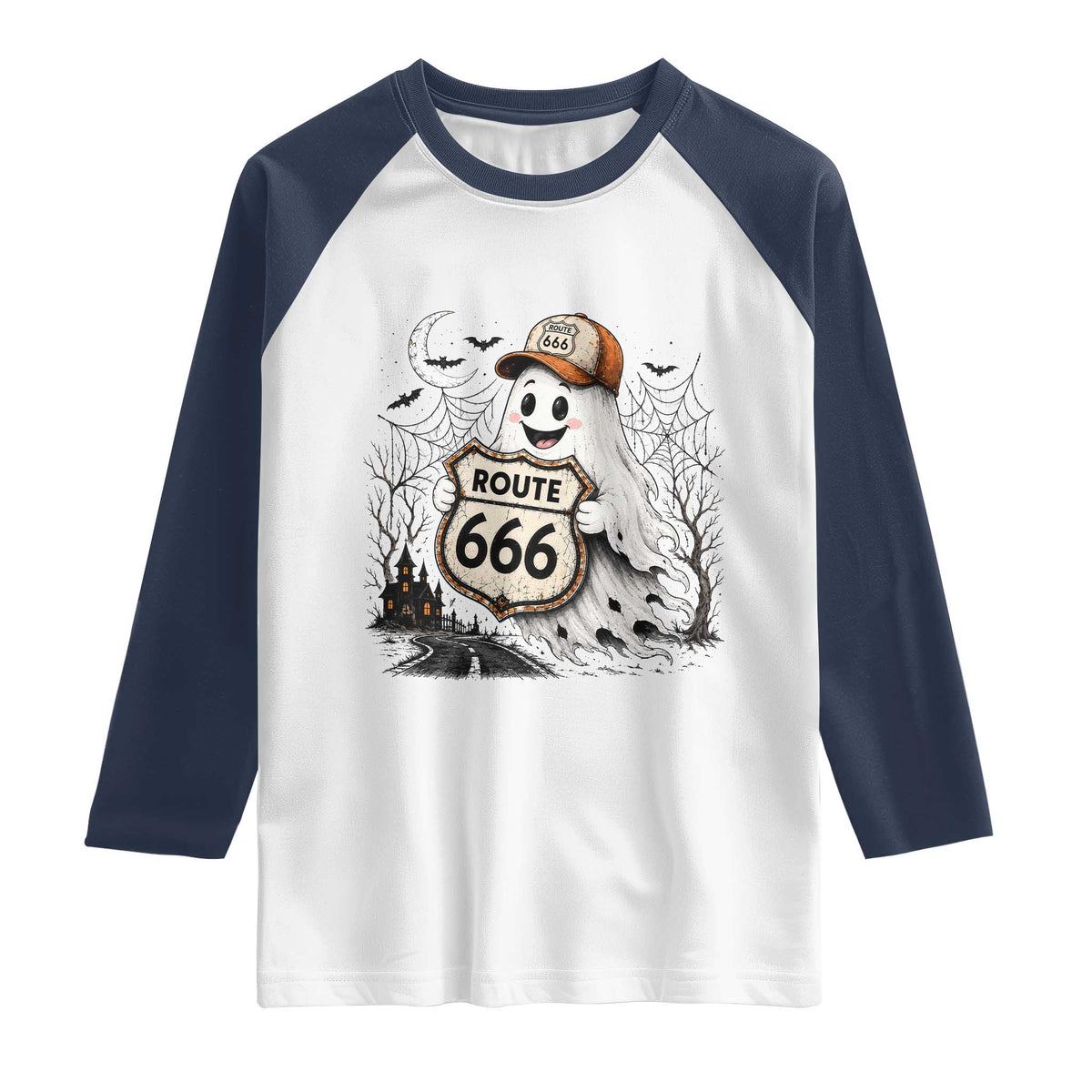 Haunted Route Highway 666 Halloween Road Trip Raglan Shirt Spooky Travel Gift