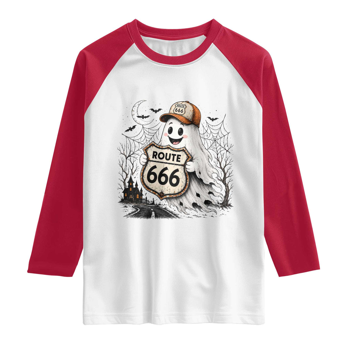 Haunted Route Highway 666 Halloween Road Trip Raglan Shirt Spooky Travel Gift